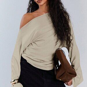 Apricot Casual Women's Asymmetric Collar Drawstring Top